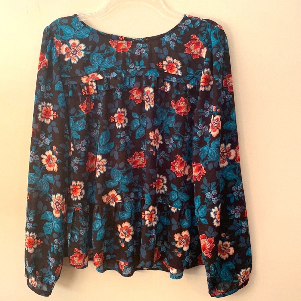 Loft Vine Ruffle Flounce Blouse, SZ L, Black